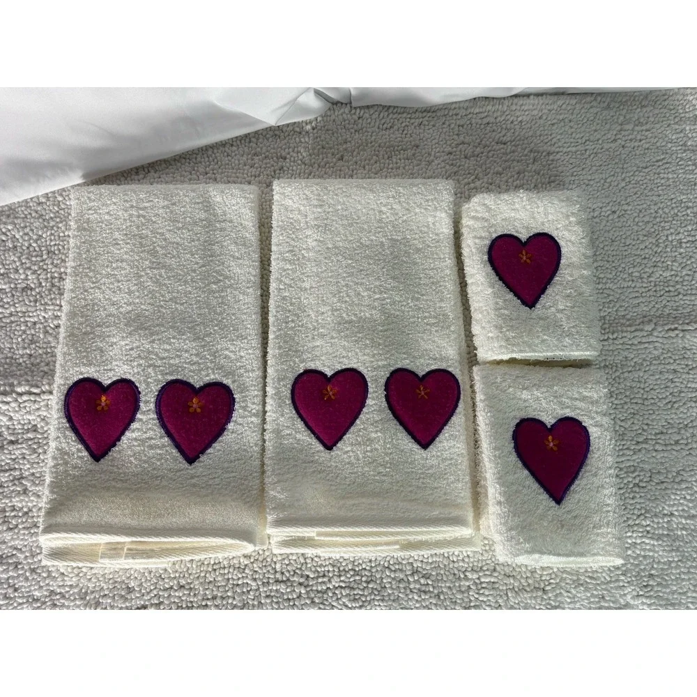 NEW 4-Piece White & Purple Heart Embroidered‎ 100% Cotton Towel Set Made in USA